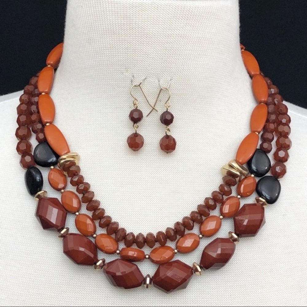 3 row Brown Bead Layered Necklace Earrings Set